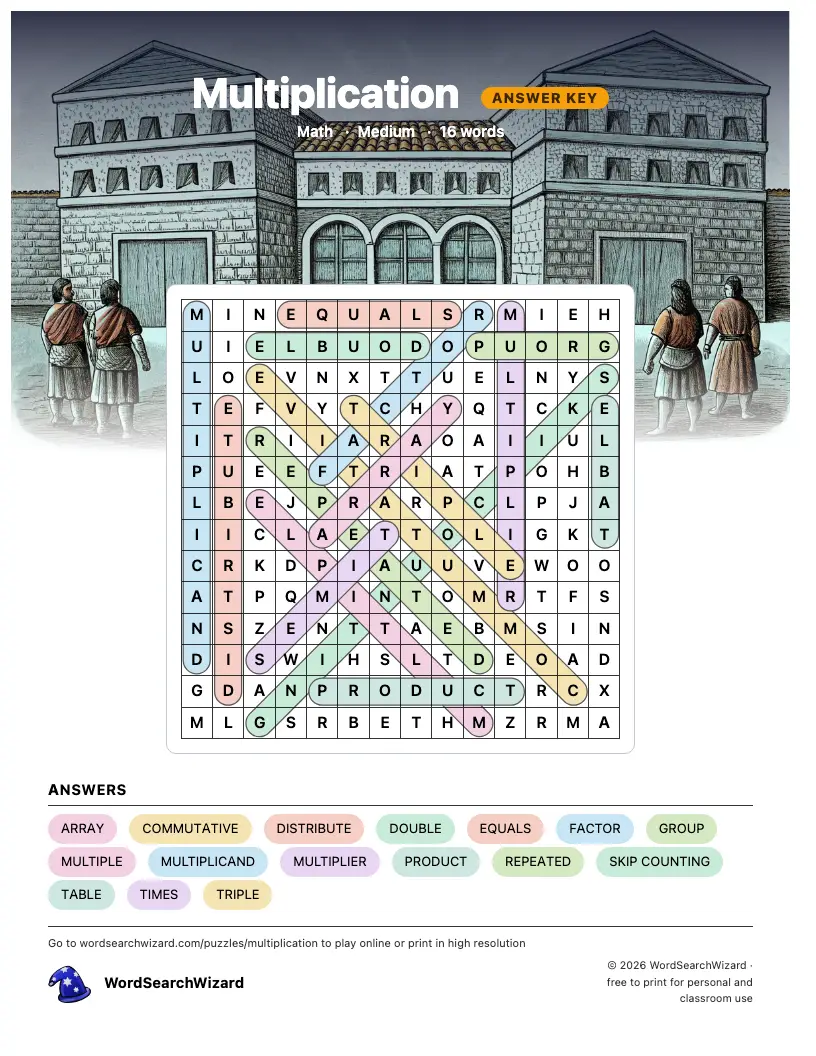 Multiplication word search answer key, all 16 words marked
