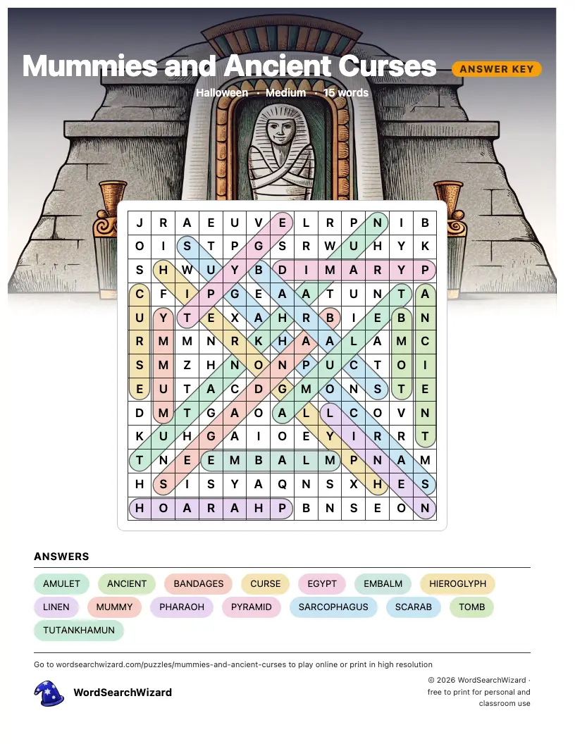 Mummies and Ancient Curses word search answer key, all 15 words marked