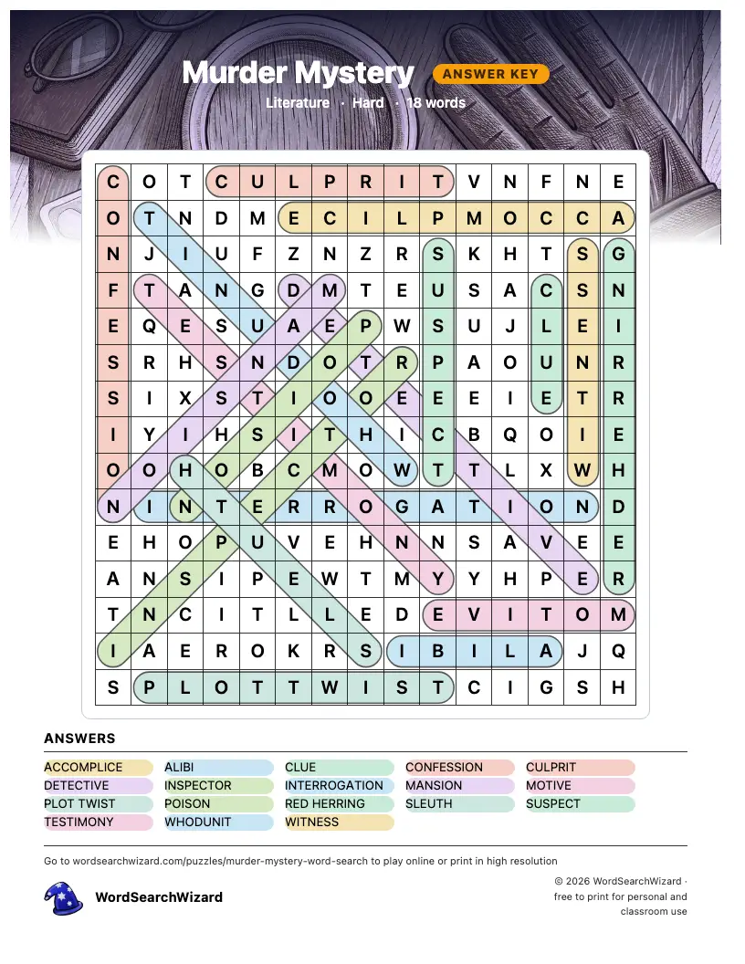 Murder Mystery word search answer key, all 18 words marked