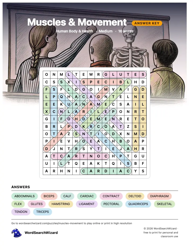Muscles & Movement word search answer key, all 16 words marked