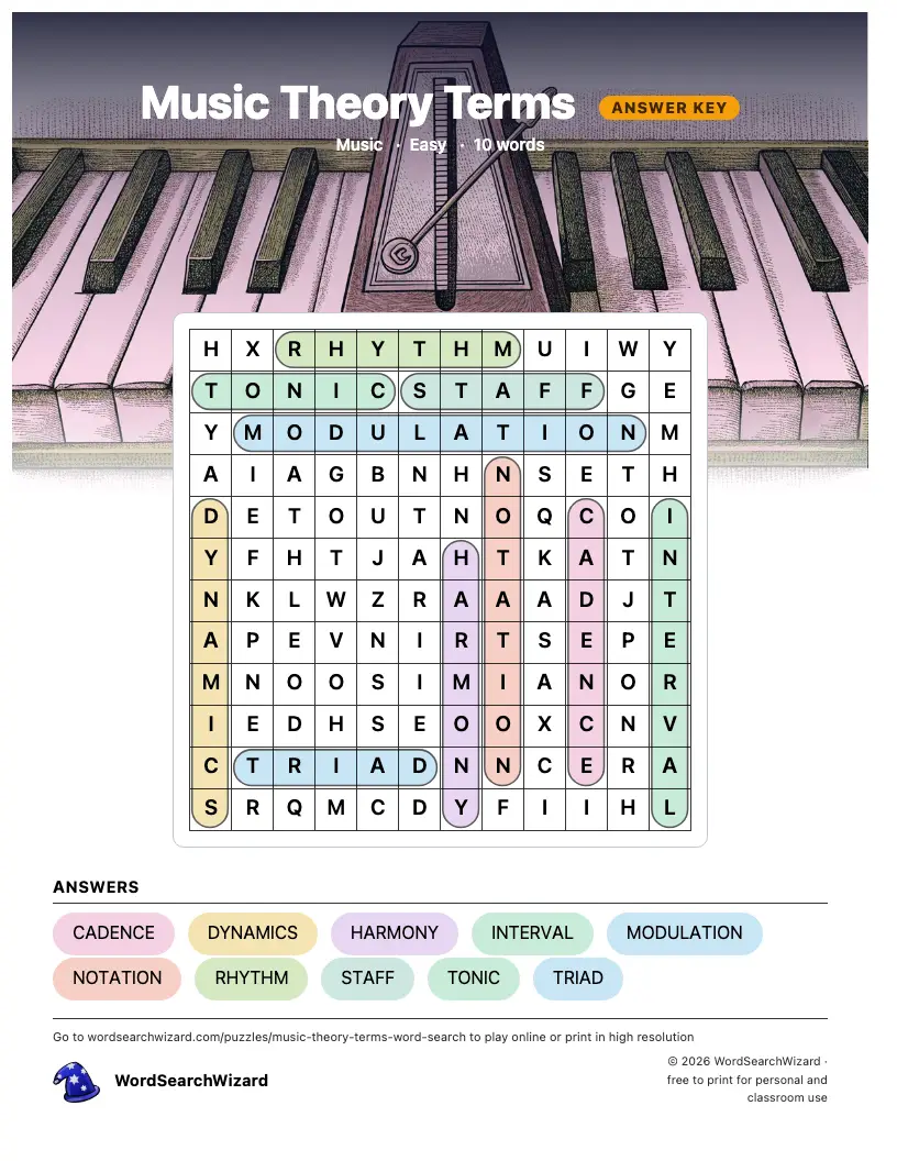 Music Theory Terms word search answer key, all 10 words marked