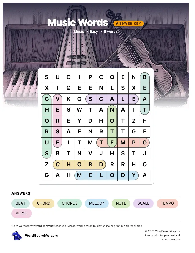 Music Words word search answer key, all 8 words marked