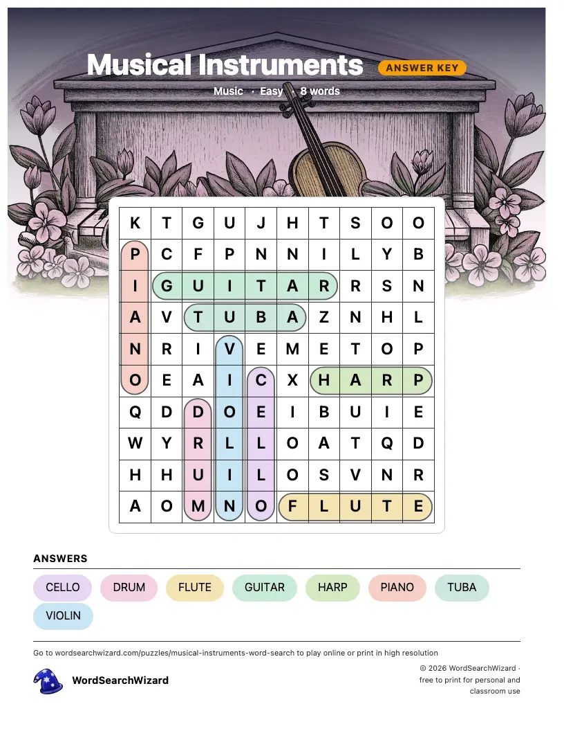 Musical Instruments word search answer key, all 8 words marked