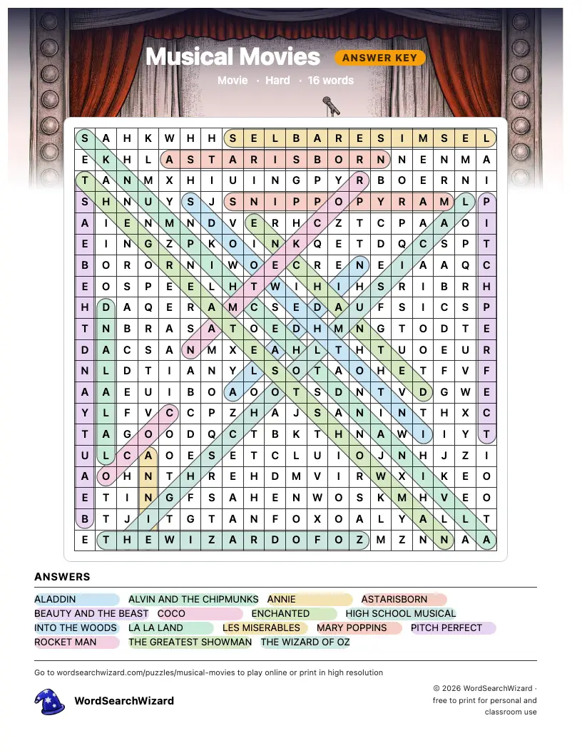 Musical Movies word search answer key, all 16 words marked