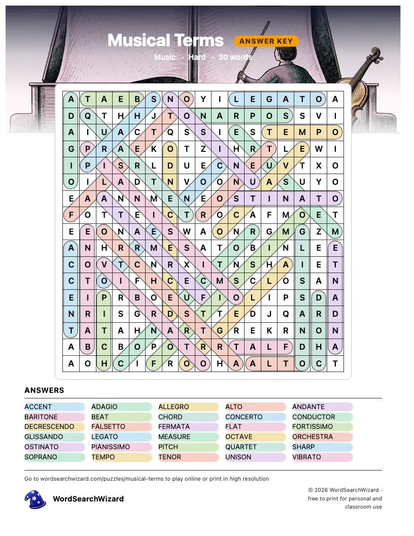 Musical Terms word search answer key, all 30 words marked