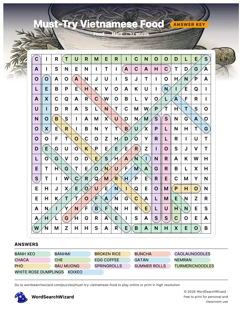 Must-Try Vietnamese Food word search answer key, all 17 words marked