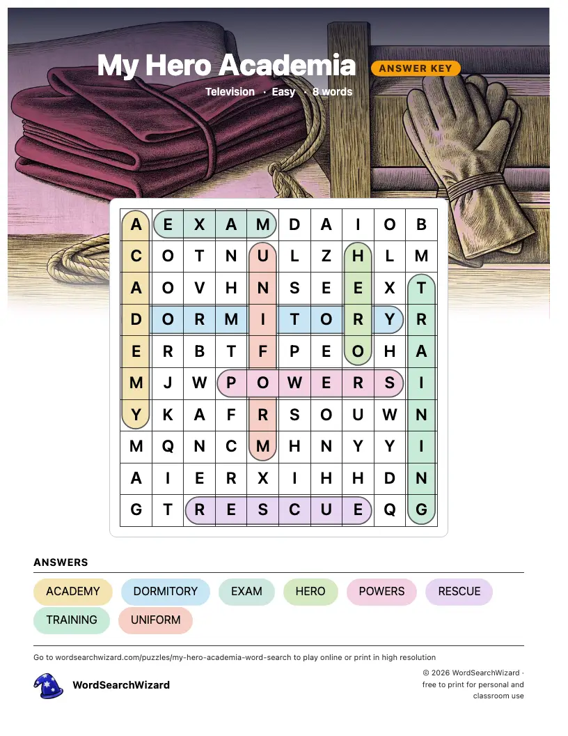 My Hero Academia word search answer key, all 8 words marked