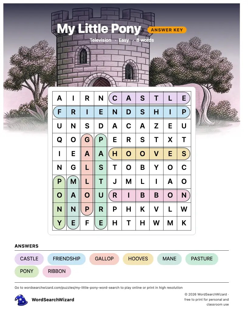 My Little Pony word search answer key, all 8 words marked