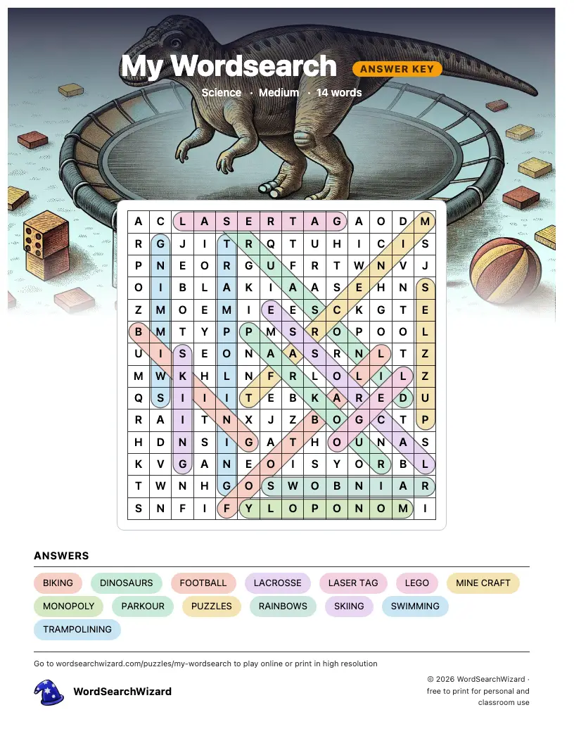 My Wordsearch word search answer key, all 14 words marked