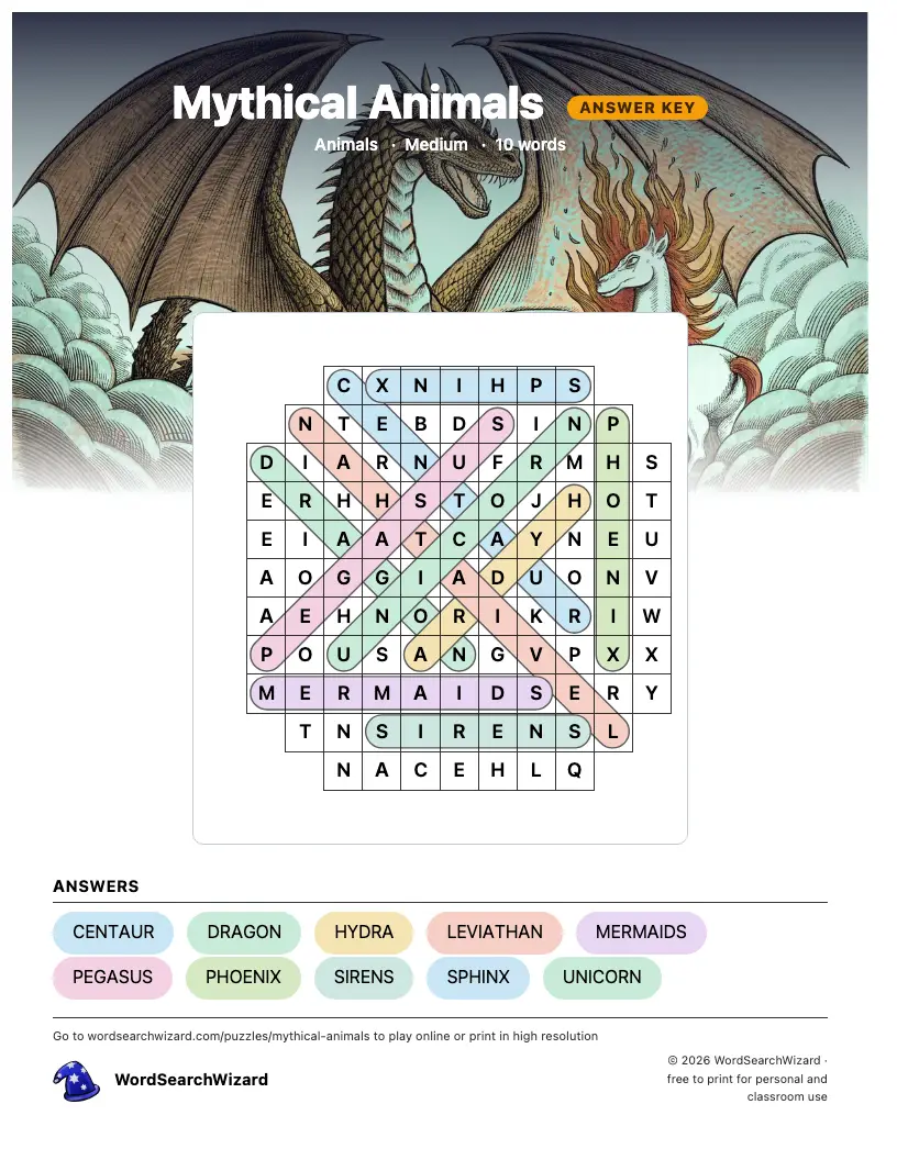 Mythical Animals word search answer key, all 10 words marked