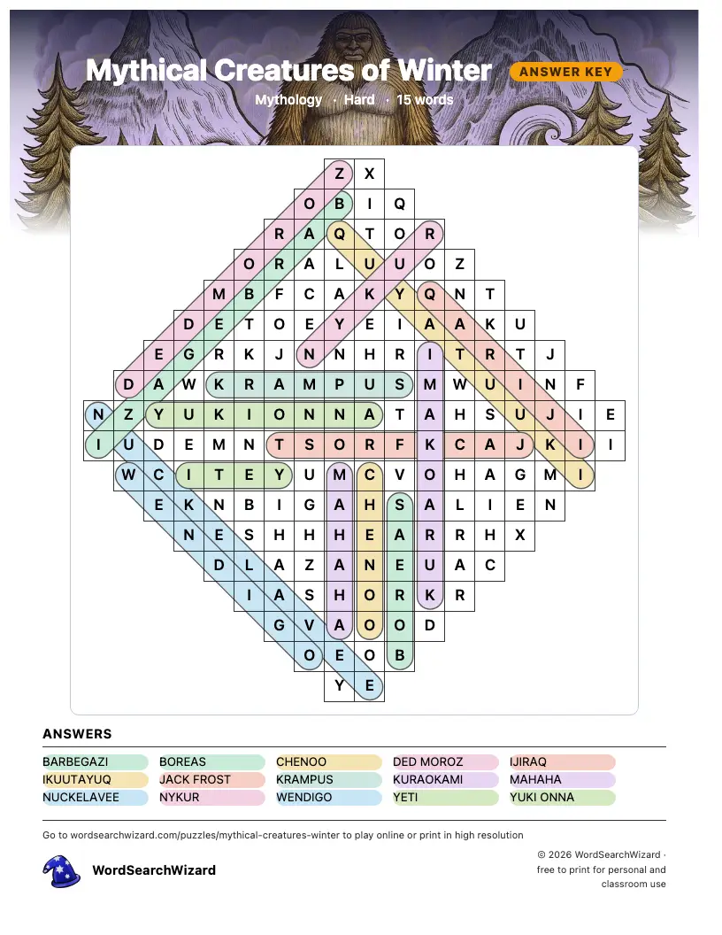 Mythical Creatures of Winter word search answer key, all 15 words marked