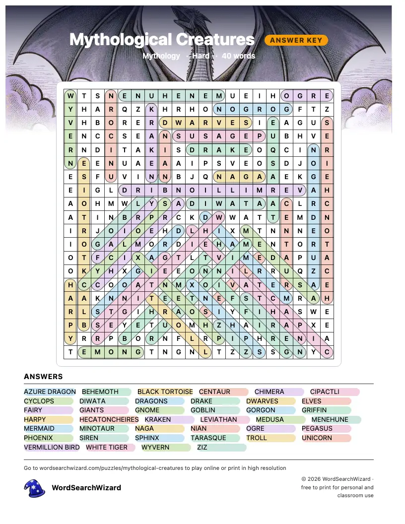 Mythological Creatures word search answer key, all 40 words marked