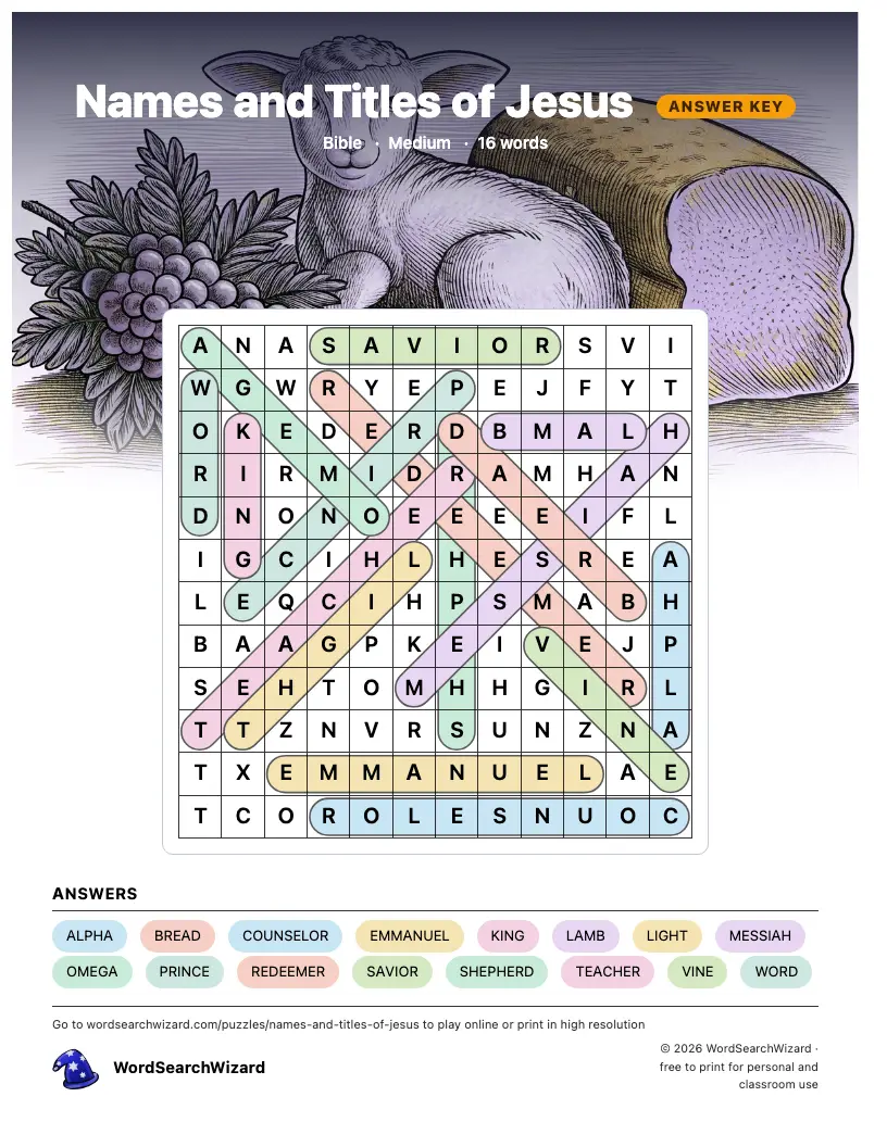 Names and Titles of Jesus word search answer key, all 16 words marked