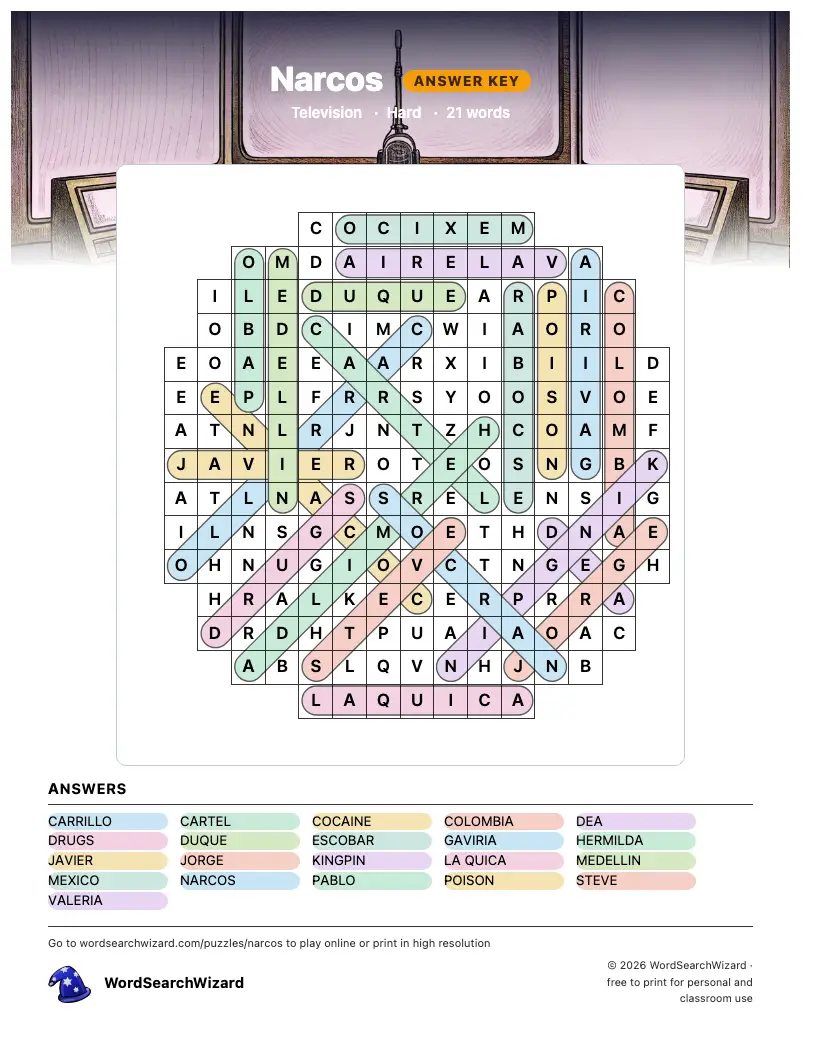 Narcos word search answer key, all 21 words marked