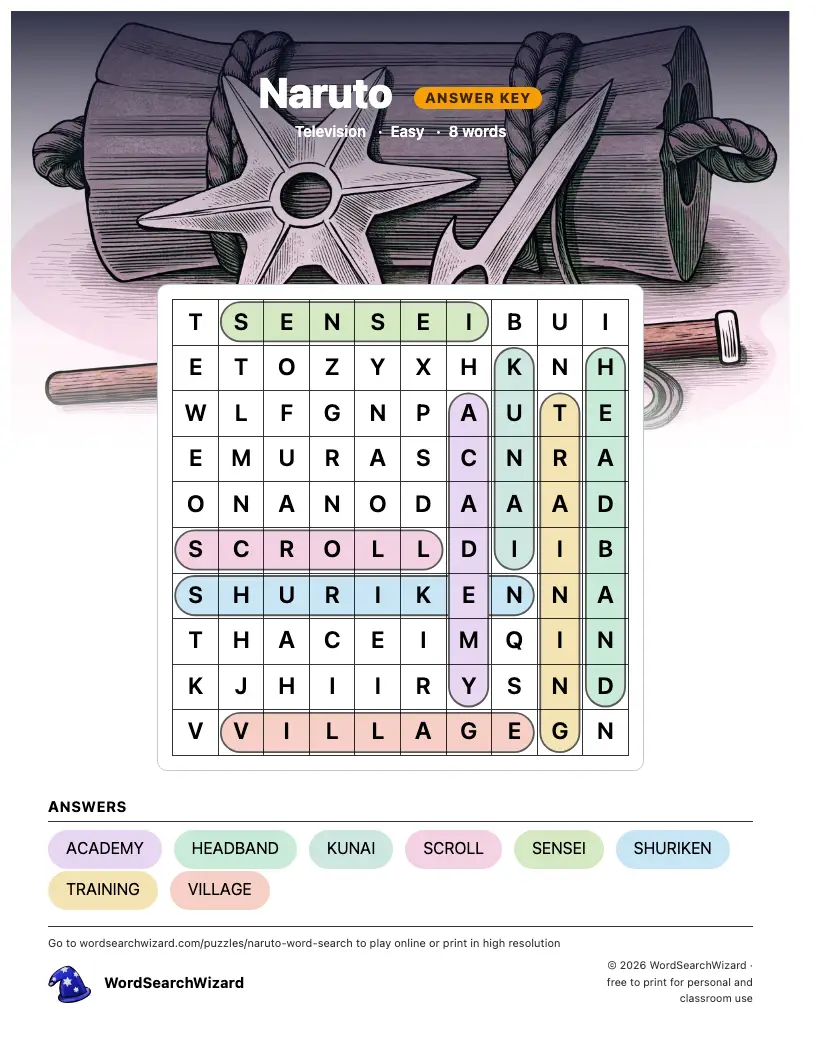 Naruto word search answer key, all 8 words marked