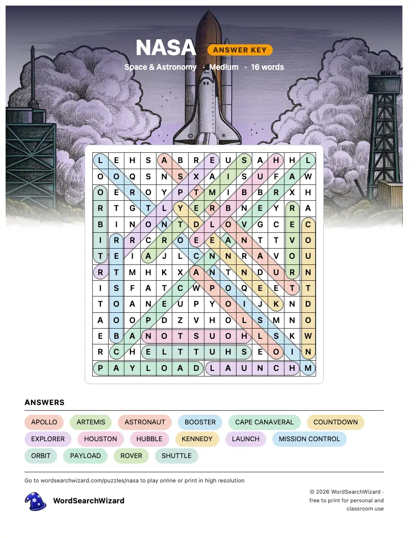 NASA word search answer key, all 16 words marked
