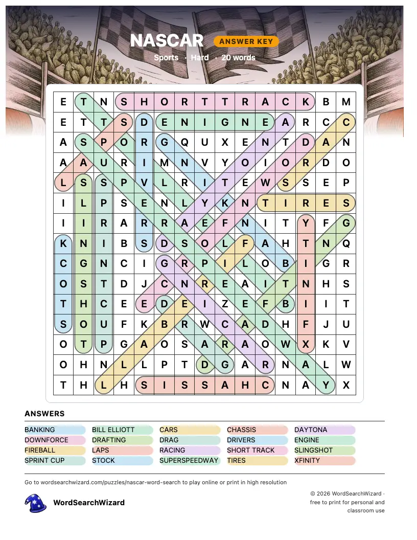 NASCAR word search answer key, all 20 words marked