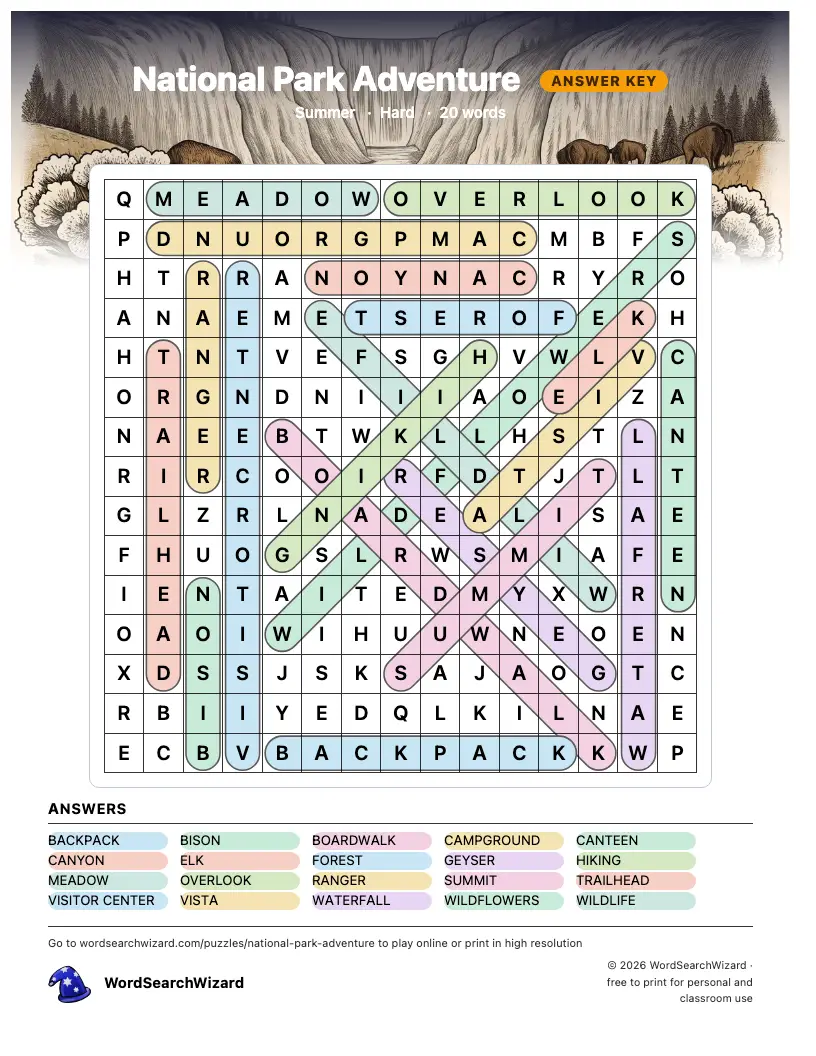 National Park Adventure word search answer key, all 20 words marked