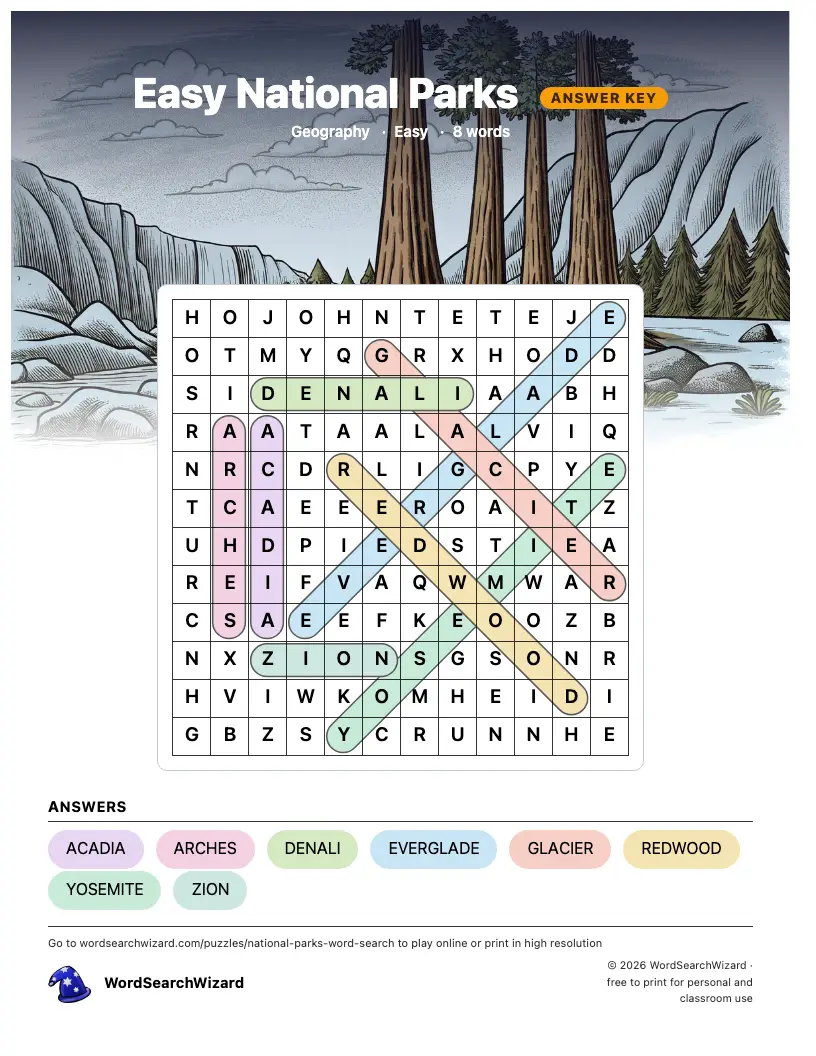 Easy National Parks word search answer key, all 8 words marked