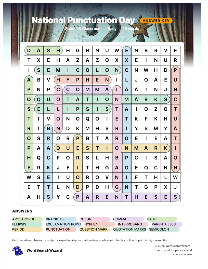 National Punctuation Day word search answer key, all 15 words marked
