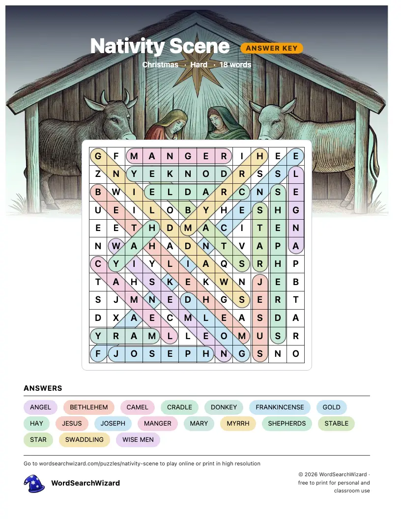 Nativity Scene word search answer key, all 18 words marked