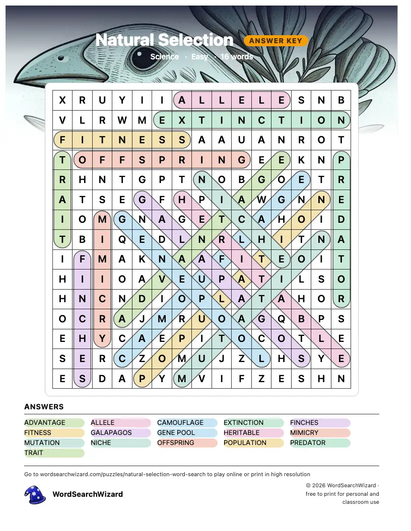 Natural Selection word search answer key, all 16 words marked
