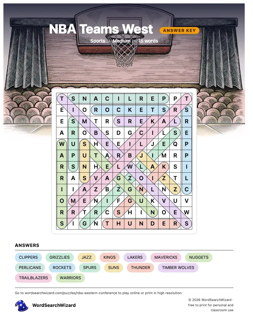 NBA Teams West word search answer key, all 15 words marked