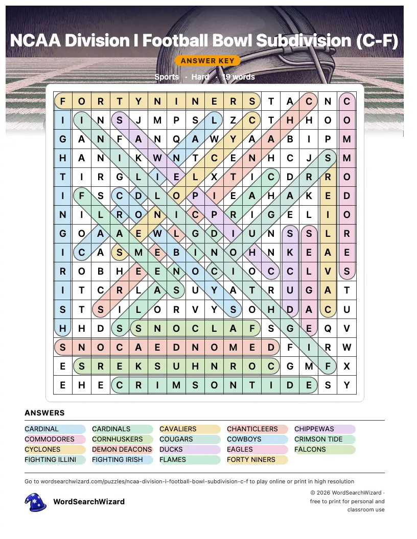 NCAA Division I Football Bowl Subdivision (C-F) word search answer key, all 19 words marked