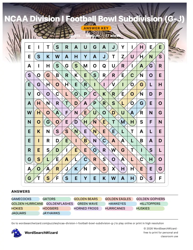 NCAA Division I Football Bowl Subdivision (G-J) word search answer key, all 17 words marked
