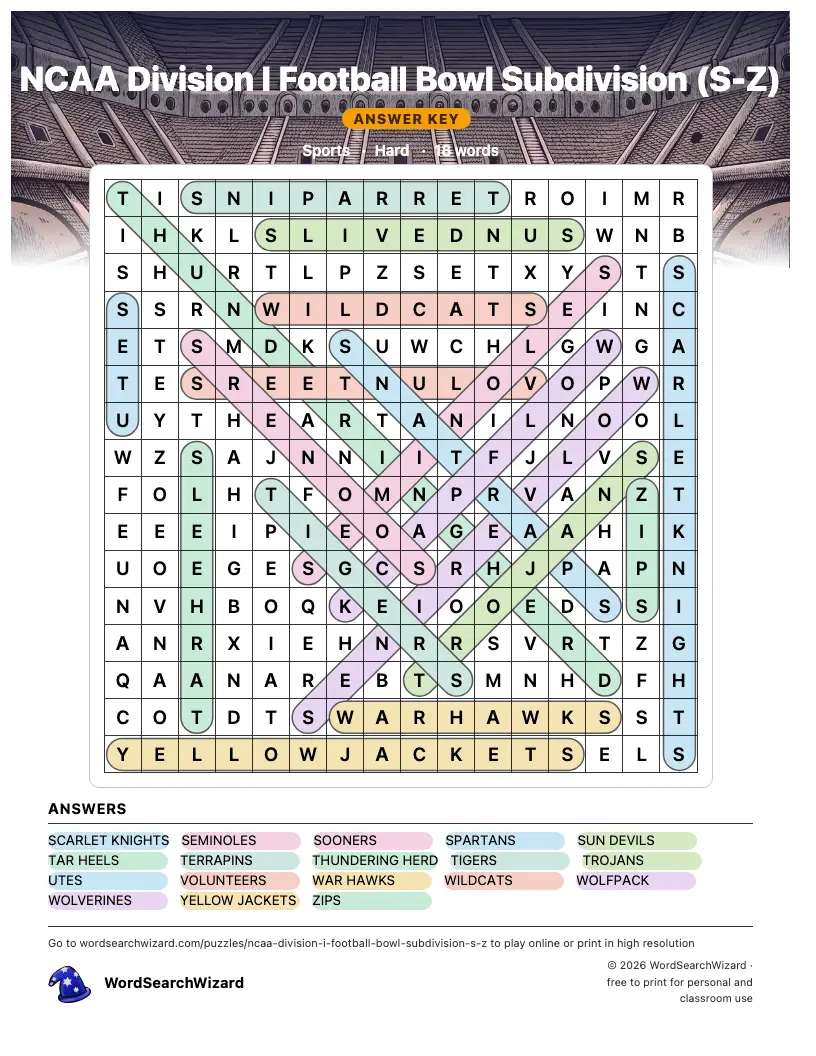 NCAA Division I Football Bowl Subdivision (S-Z) word search answer key, all 18 words marked