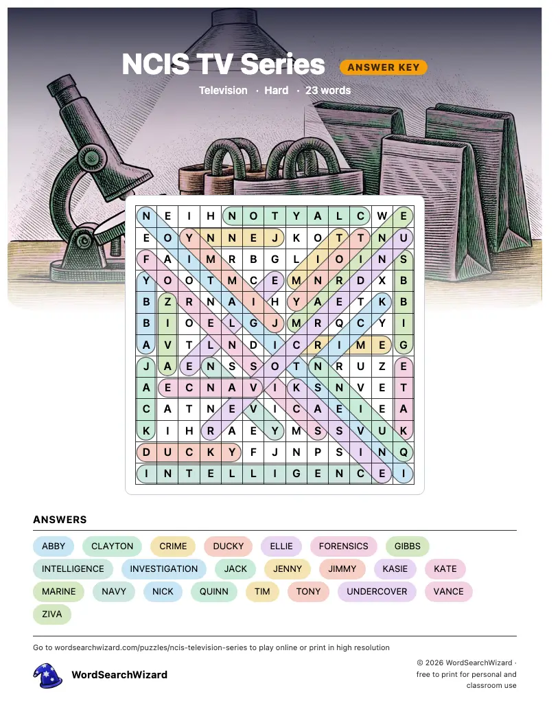 NCIS TV Series word search answer key, all 23 words marked