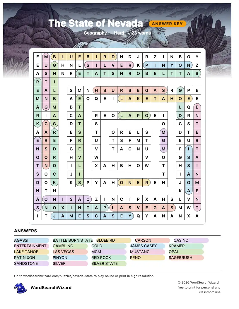 The State of Nevada word search answer key, all 23 words marked