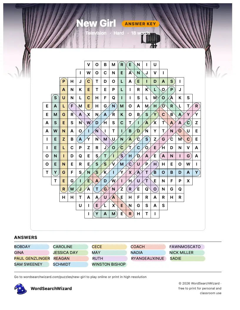 New Girl word search answer key, all 18 words marked