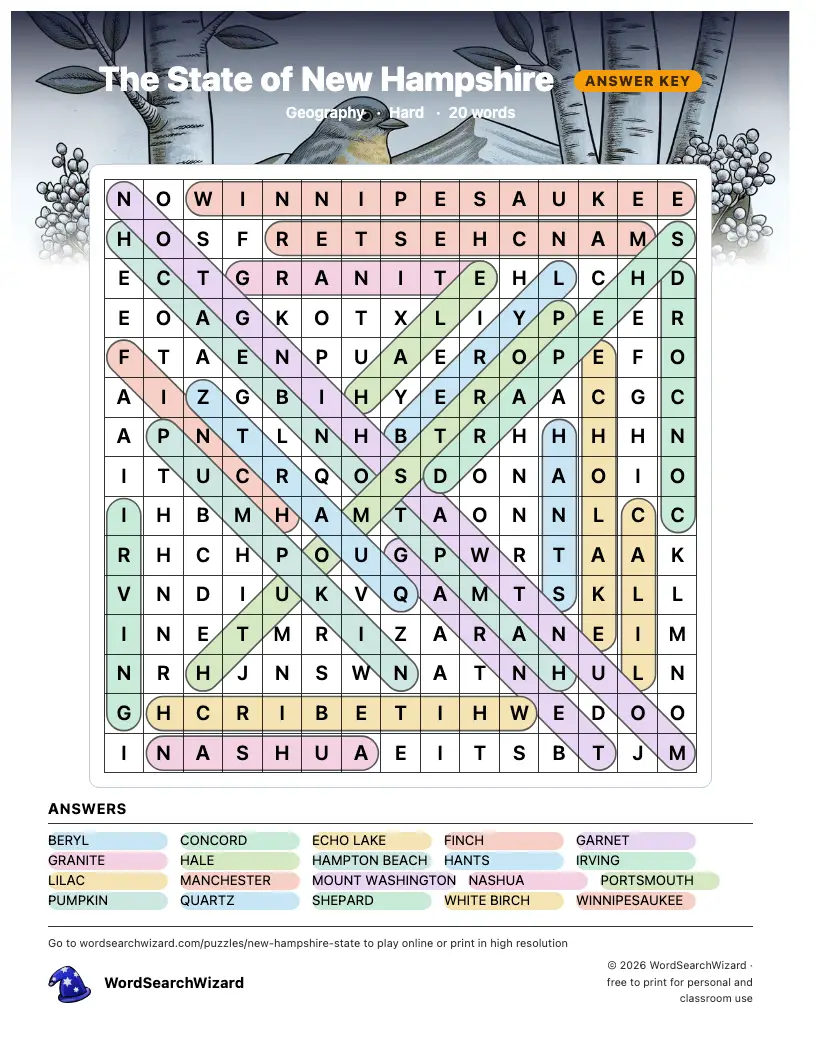 The State of New Hampshire word search answer key, all 20 words marked