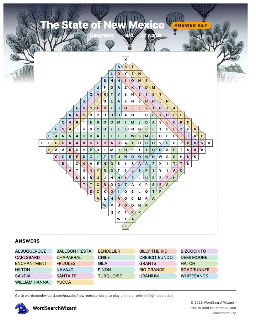 The State of New Mexico word search answer key, all 27 words marked