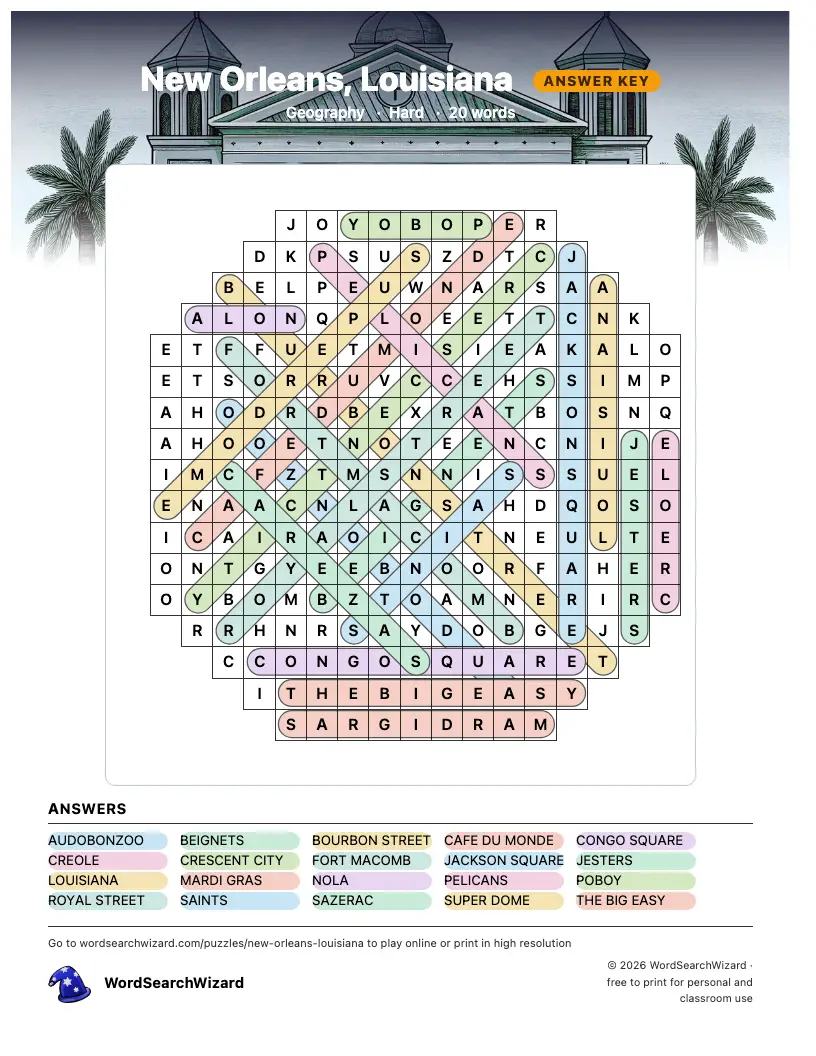 New Orleans, Louisiana word search answer key, all 20 words marked