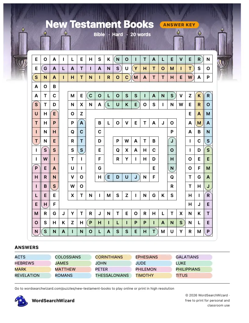 New Testament Books word search answer key, all 20 words marked