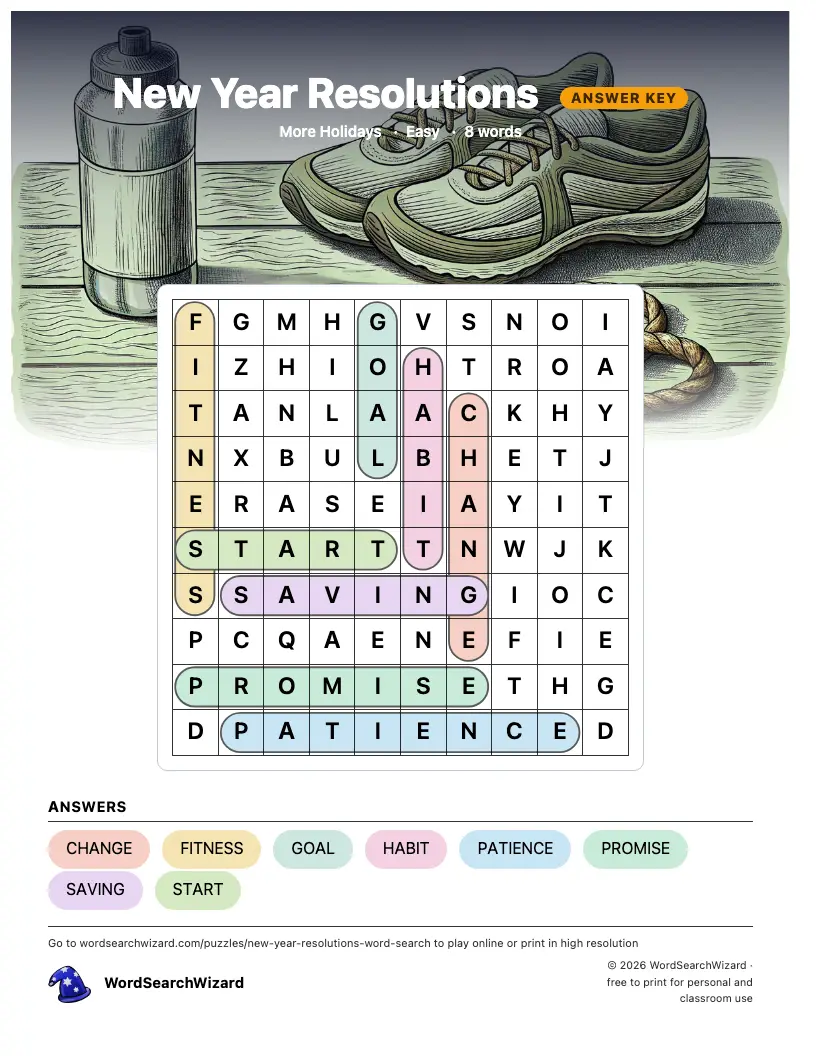 New Year Resolutions word search answer key, all 8 words marked