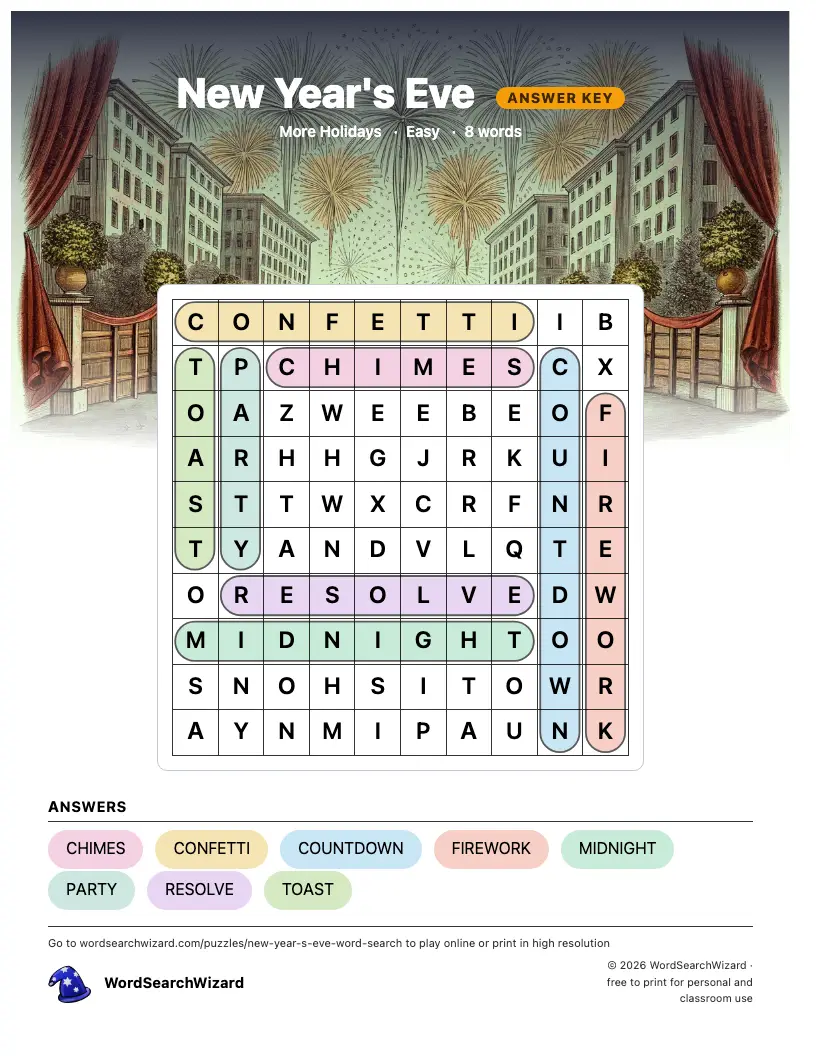 New Year's Eve word search answer key, all 8 words marked