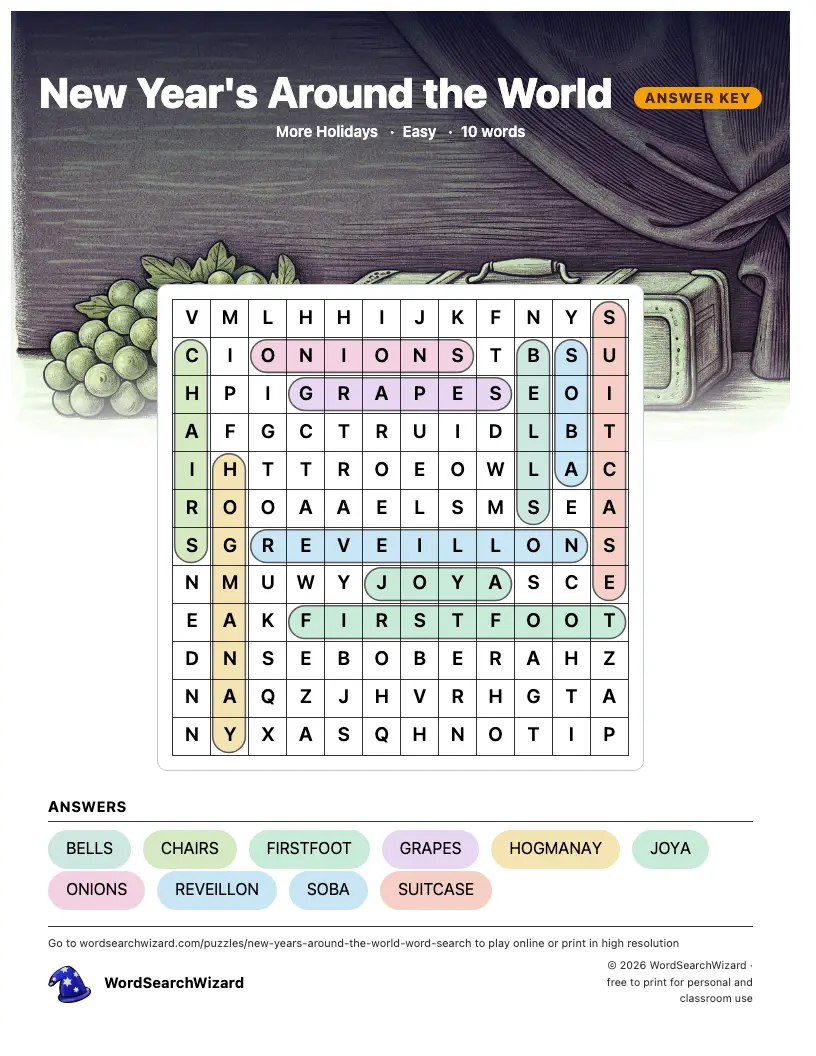 New Year's Around the World word search answer key, all 10 words marked