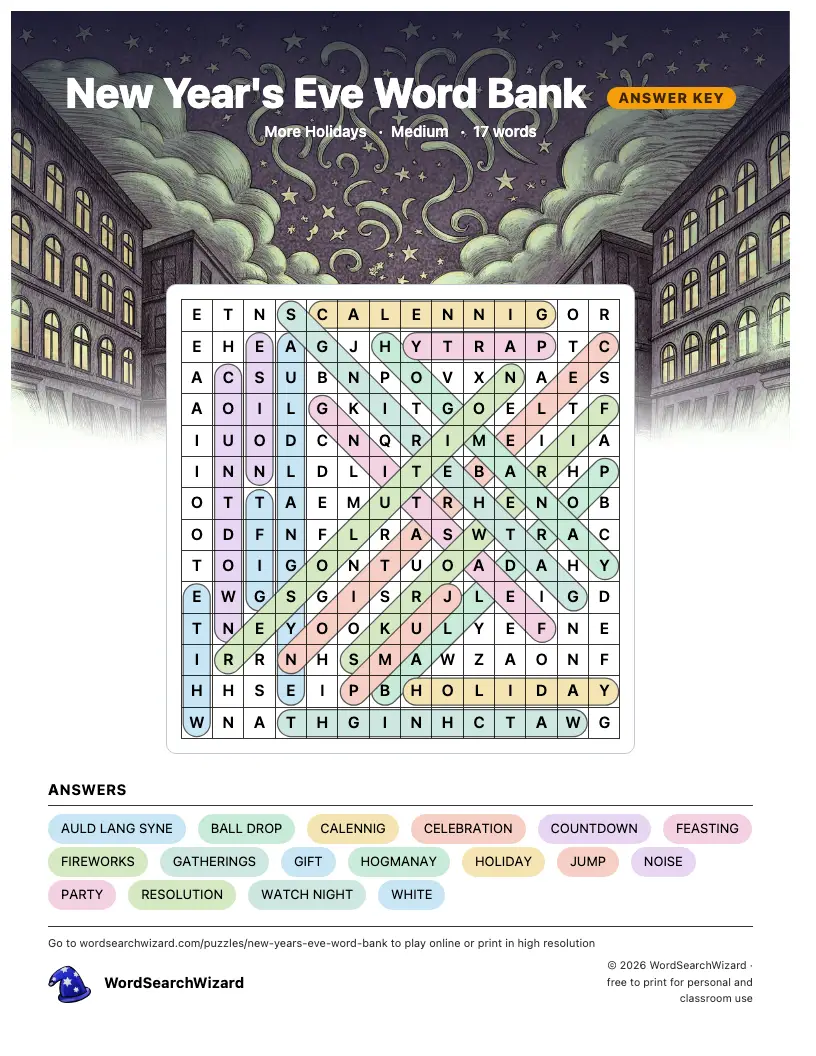 New Year's Eve Word Bank word search answer key, all 17 words marked