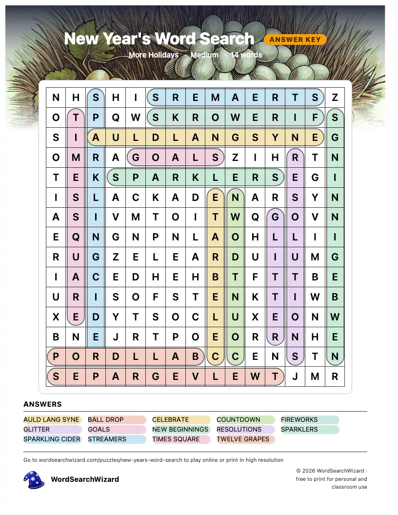 New Year's word search answer key, all 14 words marked
