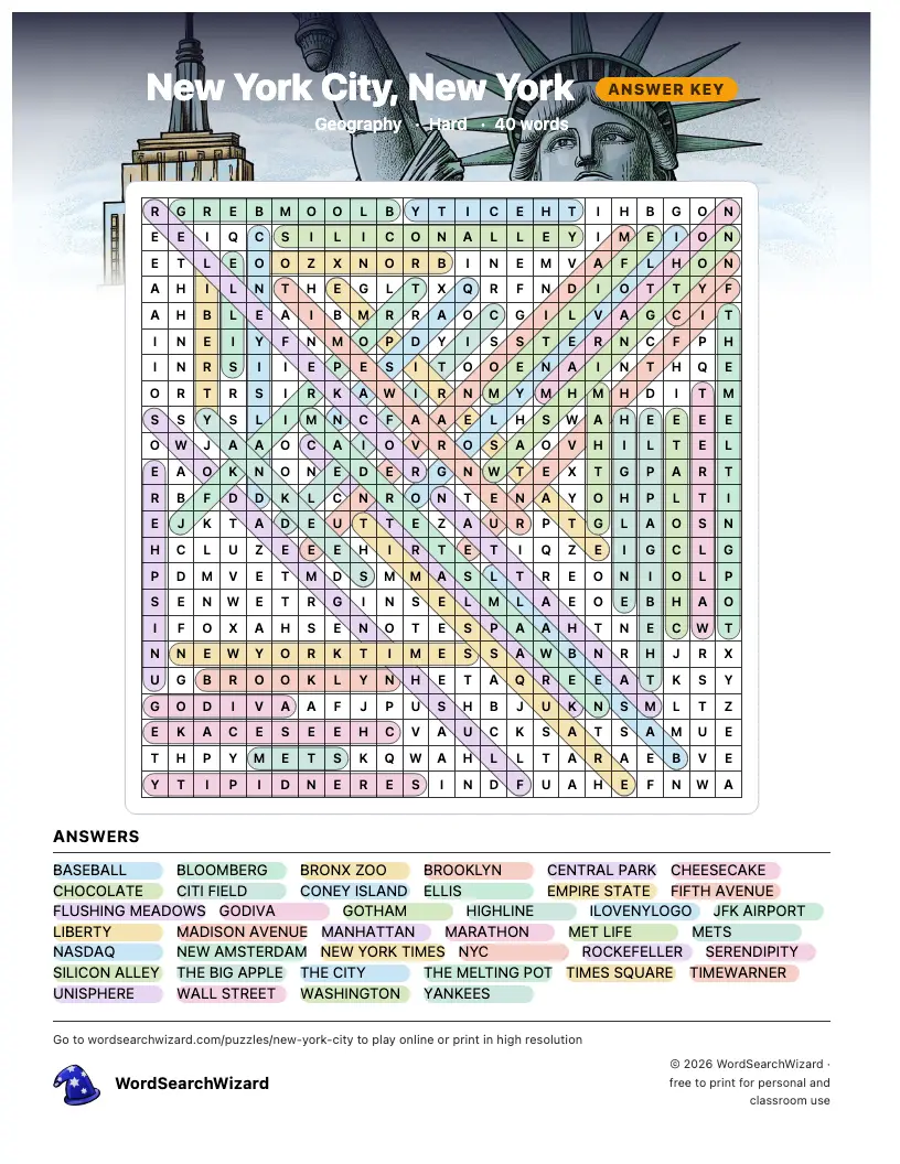 New York City, New York word search answer key, all 40 words marked