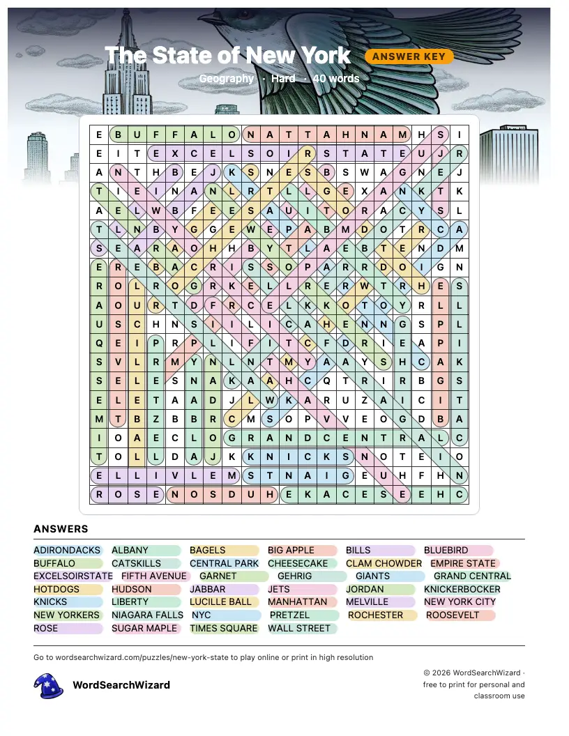 The State of New York word search answer key, all 40 words marked