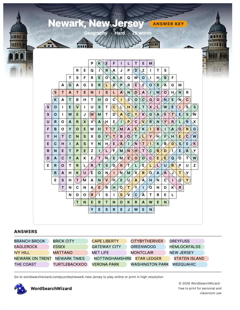 Newark, New Jersey word search answer key, all 25 words marked