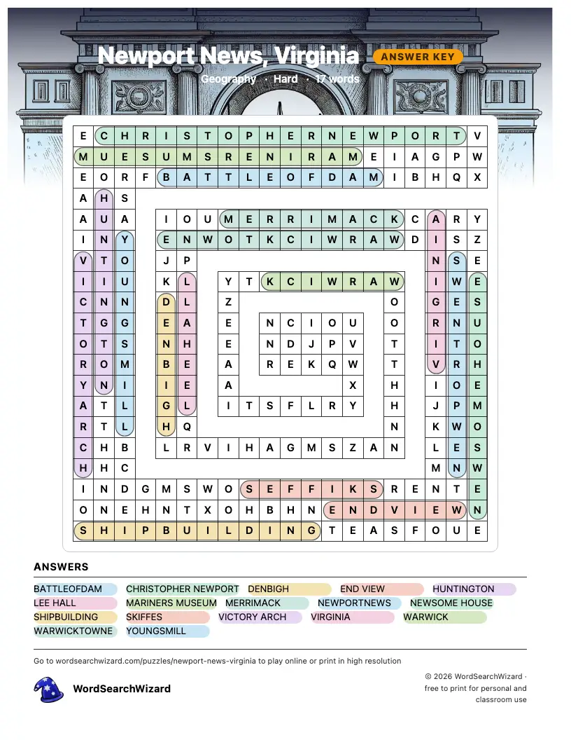 Newport News, Virginia word search answer key, all 17 words marked