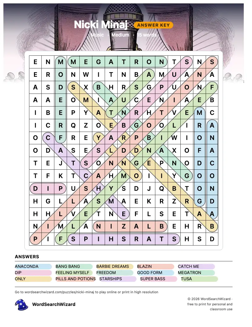 Nicki Minaj word search answer key, all 15 words marked