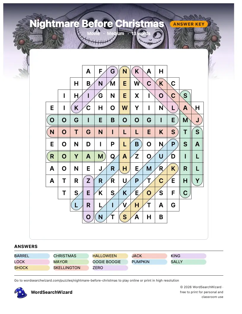 Nightmare Before Christmas word search answer key, all 13 words marked