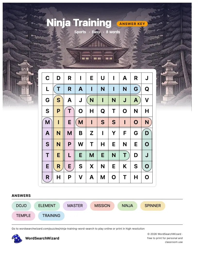 Ninja Training word search answer key, all 8 words marked