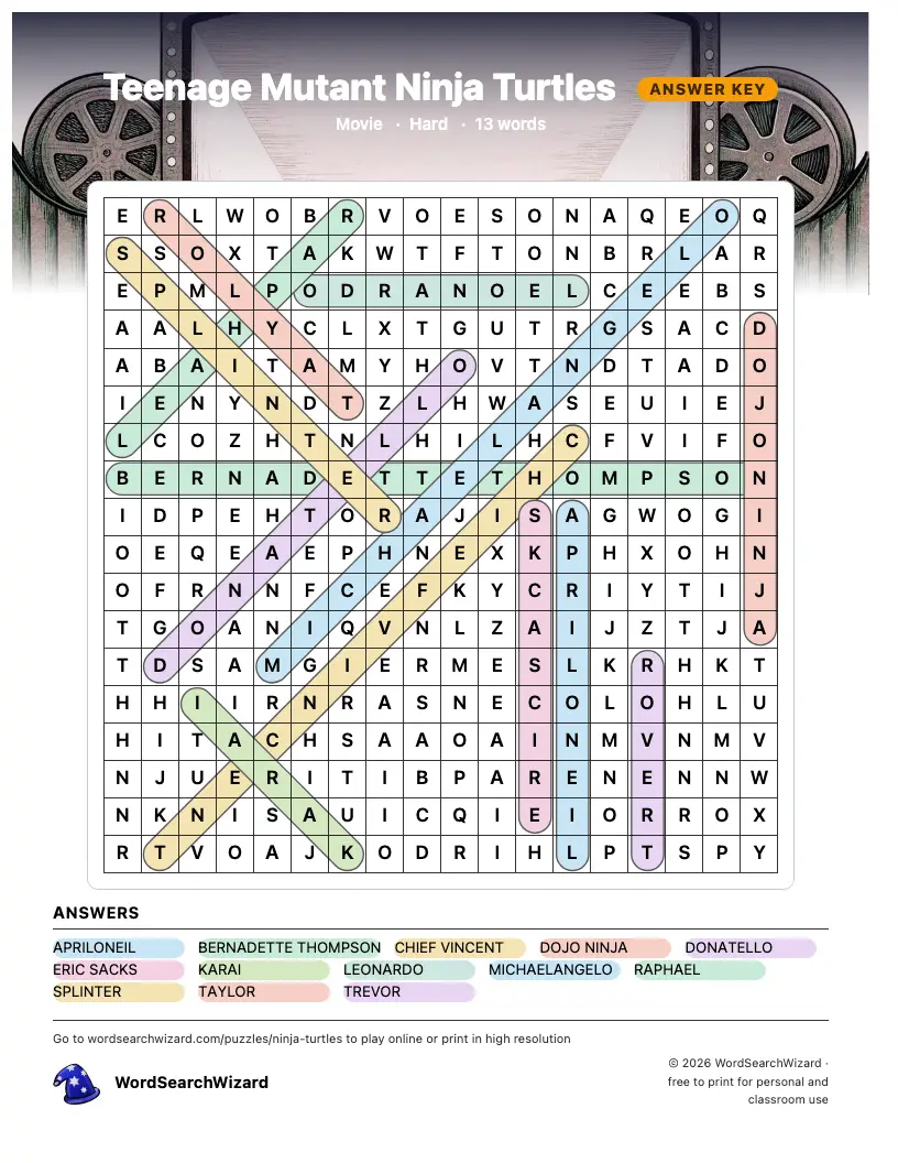 Teenage Mutant Ninja Turtles word search answer key, all 13 words marked